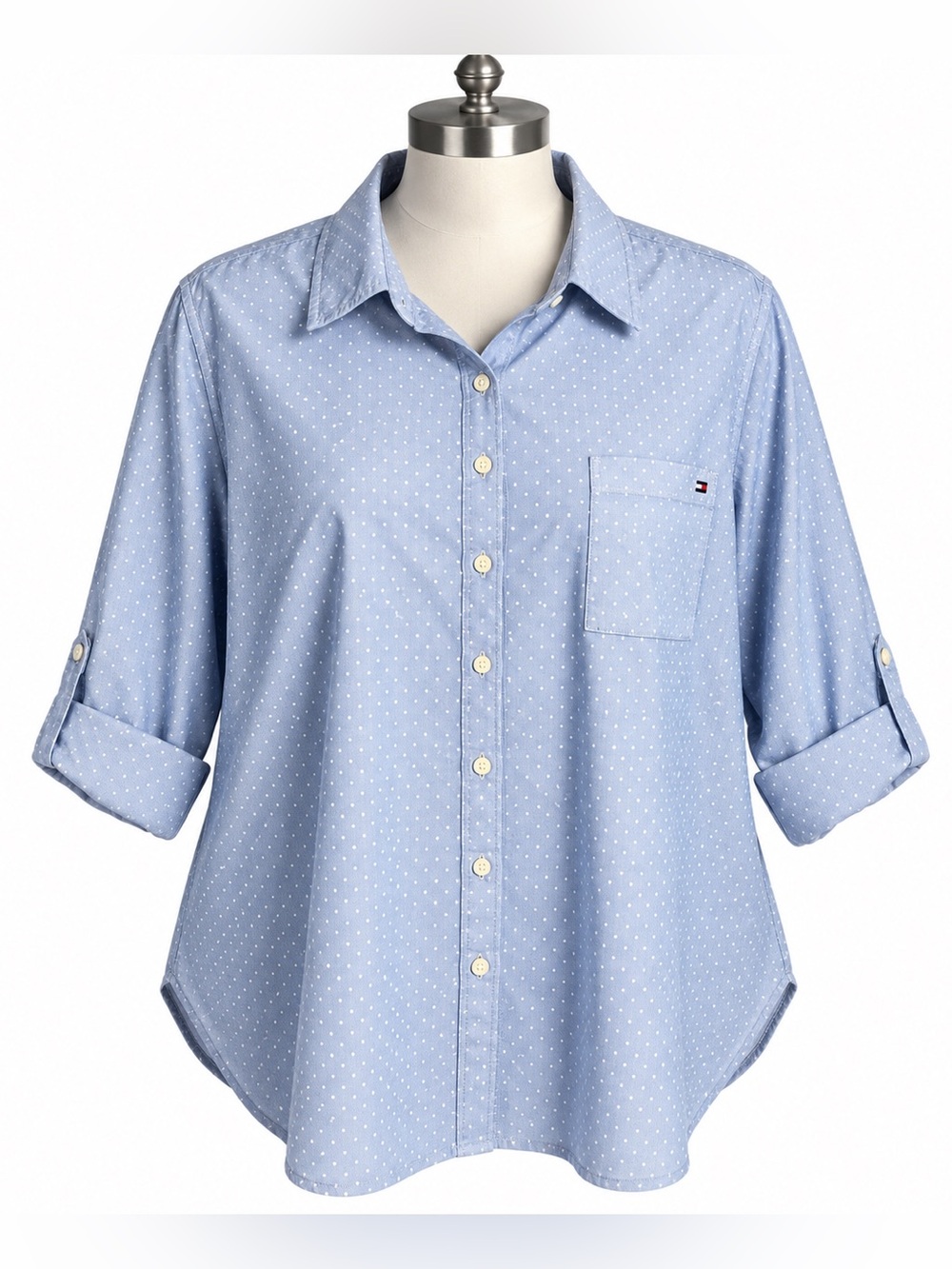 Tommy Hilfiger Women’s 3X Blue White Polka Dot Button Down Shirt 100% Cotton